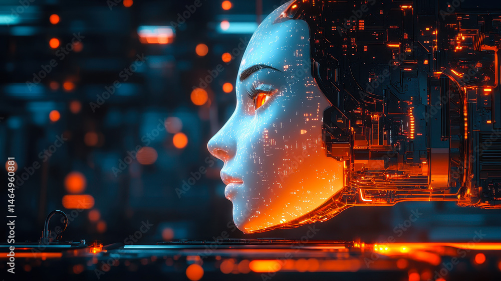 Poster futuristic ai robot head with circuitry in neon lit environment showcasing advanced automation and t