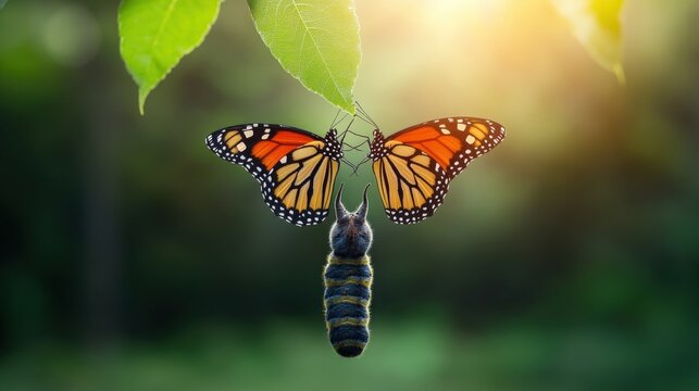 Beautiful monarch butterfly emerging from its chrysalis hanging from green leaves in a natural outdoor environment with vibrant colors and soft light