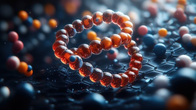Highly detailed macro image of a heart-shaped arrangement of amber-colored beads resting on a reflective surface with scattered colorful spheres creating a vibrant abstract composition
