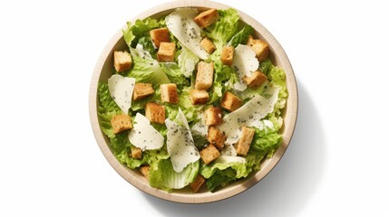 Fresh and Crisp Green Salad with Croutons and Shaved Cheese Served in a Wooden Bowl Ideal for Healthy Eating and Culinary Inspiration