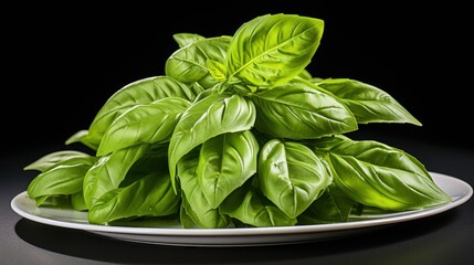 Fresh Basil Leaves Stacked on a White Plate Against a Dark Background Showcasing Vibrant Green Color and Smooth Textures Ideal for Culinary or Botanical Themes