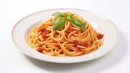 Delicious and Freshly Cooked Spaghetti Topped with Rich Tomato Sauce and Garnished with Fresh Basil Leaves on a White Plate for Culinary Delight