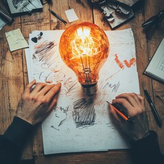 Illuminating Inspiration: A Designer's Desk with Sketching Hands, Edison Bulb, and Creative Chaos, Crafting New Ideas on Wood Surface.