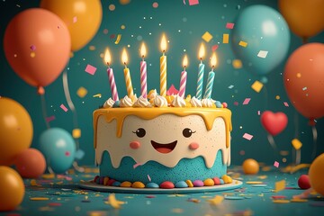 Colorful and Cheerful Birthday Cake with Candles Surrounded by Balloons and Confetti, Perfect for Celebrations and Festive Events