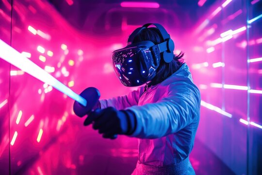 Woman wearing vr headset and playing virtual reality game with futuristic lightsaber in neon room