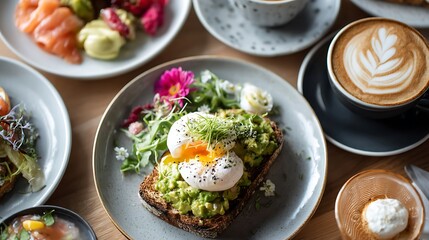 Brunch spread avocado toast, eggs, coffee and salmon