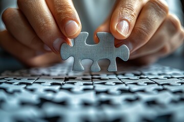 Close-up of hands holding a piece of puzzle, symbolizing problem-solving, teamwork, and strategic thinking, set against a blurred background of a completed puzzle.