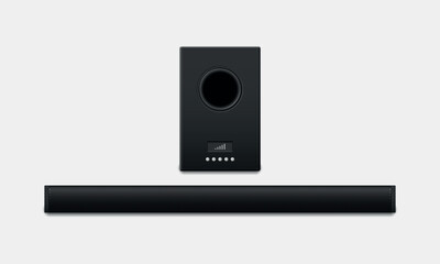 Obraz premium Black soundbar panel with subwoofer realistic vector illustration.