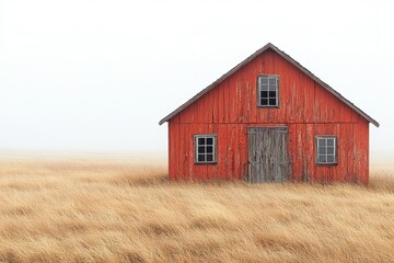 Rustic Red Barn in Golden Field Under Soft Foggy Sky, Capturing the Serene Beauty of Rural Landscape, Evoking a Sense of Nostalgia and Tranquility in Nature