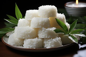 Deliciously Steamed White Rice Stacked Neatly on a Plate Surrounded by Fresh Green Leaves and Soft Candlelight for Cozy Dining Experience