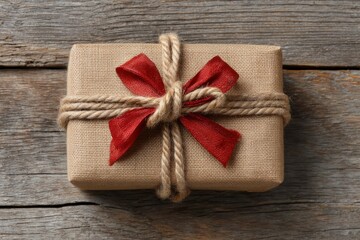 Fototapeta premium Rustic Gift Wrapped in Burlap with Red Bow