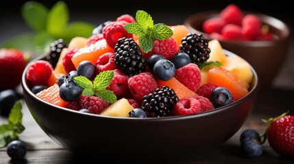 Fresh and Colorful Fruit Salad with Berries and Mint Leaves in a Bowl Displayed on a Dark Wooden Surface, Perfect for Healthy Eating and Summer Refreshment