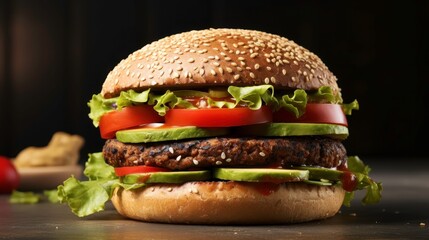 Delicious close-up of a gourmet hamburger featuring a sesame seed bun, crisp lettuce, fresh tomato, pickles, melted cheese, and savory sauce, perfect for food photography or culinary projects.