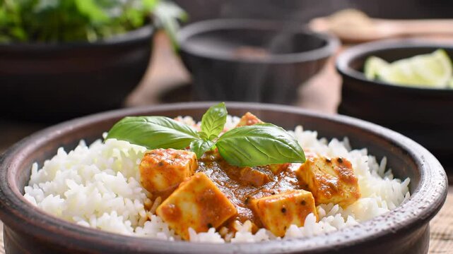 Steaming Paneer Butter Masala with Rice Garnished with Basil Close Up View