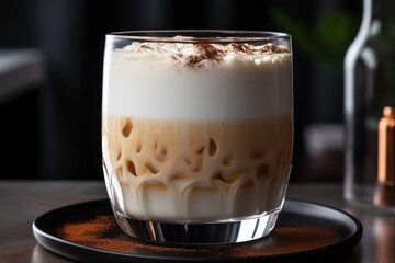 Creamy beverage with layered milk foam and coffee sitting in a clear glass on a dark table, showcasing rich textures and inviting presentation for gourmet ideas.