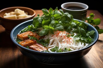 Fresh and Delicious Asian Noodle Bowl with Tofu, Herbs, and Vegetables Served in a Stylish Black Bowl, Accompanied by Tea and Sides on Wooden Table