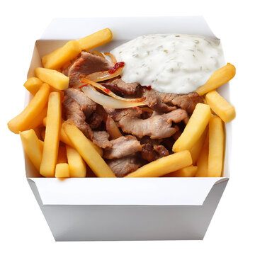 A delicious takeaway box with kebab meat, fries and white sauce. The meat is sliced and cooked, and the fries are golden brown and crispy.