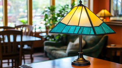 Elegant Teal and Yellow Stained Glass Table Lamp in Cafe Setting