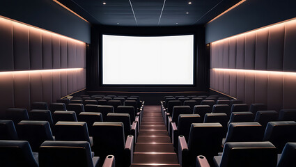 Empty dark movie theater with rows of seats infront a large white screen,empty cinema hall