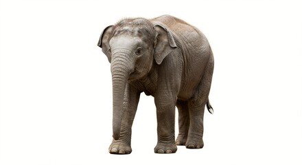 A solitary elephant stands against a stark white background, its skin a textured gray, creating a striking contrast in the simplicity.