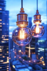 Two glowing globe lights hang against a city twilight backdrop