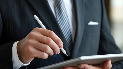 A businessman dressed in a formal suit is actively using his tablet to jot down notes while participating in a meeting within a contemporary office environment