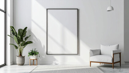 the image showcases a minimal, brightly lit interior space. a large, rectangular frame hangs on a white wall, catching soft shadows from a nearby window