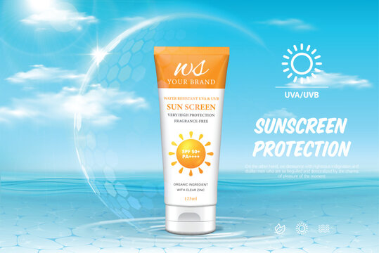 Summer sunscreen cream ad banner. Banner with tubes and bottle of sunscreen cream in sphere shield under sun rays. Concept of protection from UV radiation. 3d vector illustration of sunblock product.