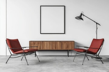 Modern minimalist living room with two red leather armchairs, wooden cabinet, and a black framed empty picture