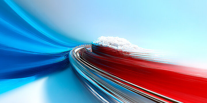 Abstract winter speed track in red and blue tones with snow-covered mountain in the background and dynamic motion blur effect