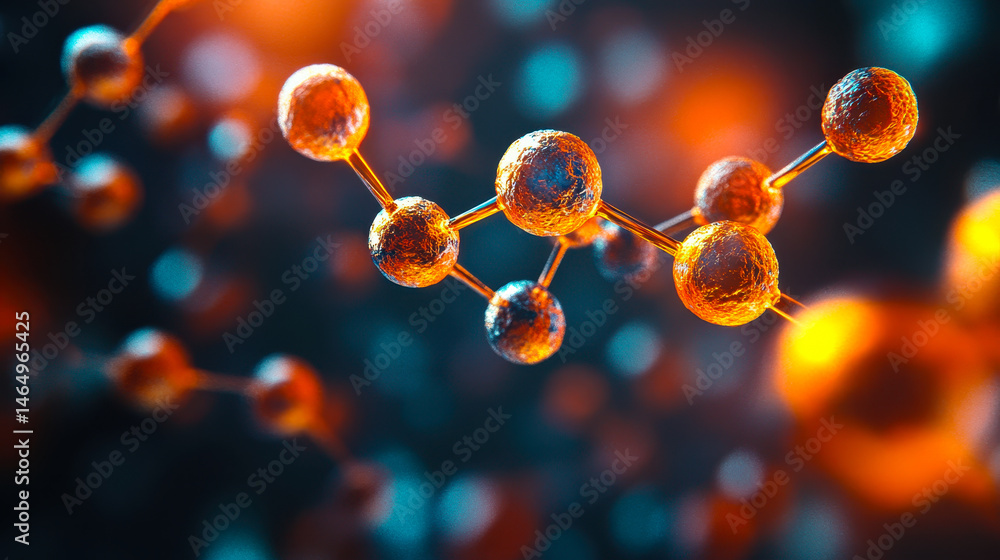 Poster vibrant 3d visualization of molecular structure with atoms and bonds in a glowing environment, perfe