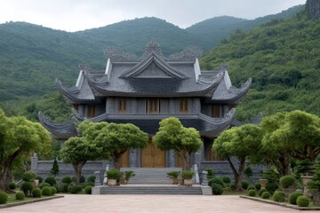 Fototapeta premium Serene Gray Pagoda Amidst Verdant Hills: Peaceful Asian Architecture