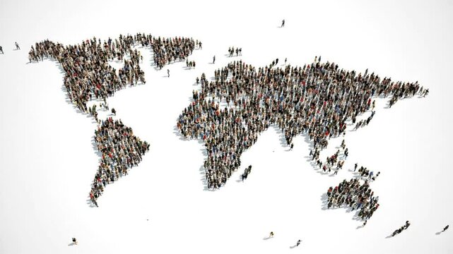 a world map formed by groups of tiny diverse human figures standing together, top-down view, clean white background
