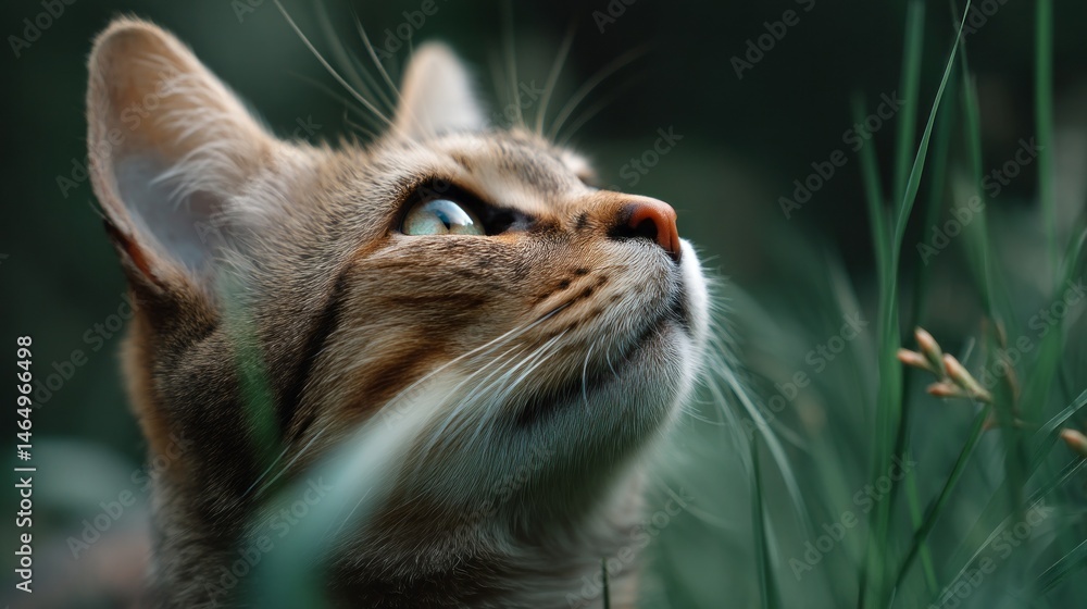 Aufkleber a curious cat sits among tall grass, its eyes focused on something above. the soft light of a tranqu