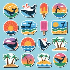 Naklejka premium A collection of twelve colorful, cartoon sticker designs featuring whales, tropical islands, sunsets, and ice cream treats