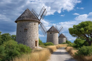 Stone Windmills in Idyllic Rural Landscape: A Serene Mediterranean Scene