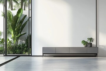 Modern minimalist living area with outdoor view.  A grey media console sits against a blank wall, with lush greenery visible through large glass doors