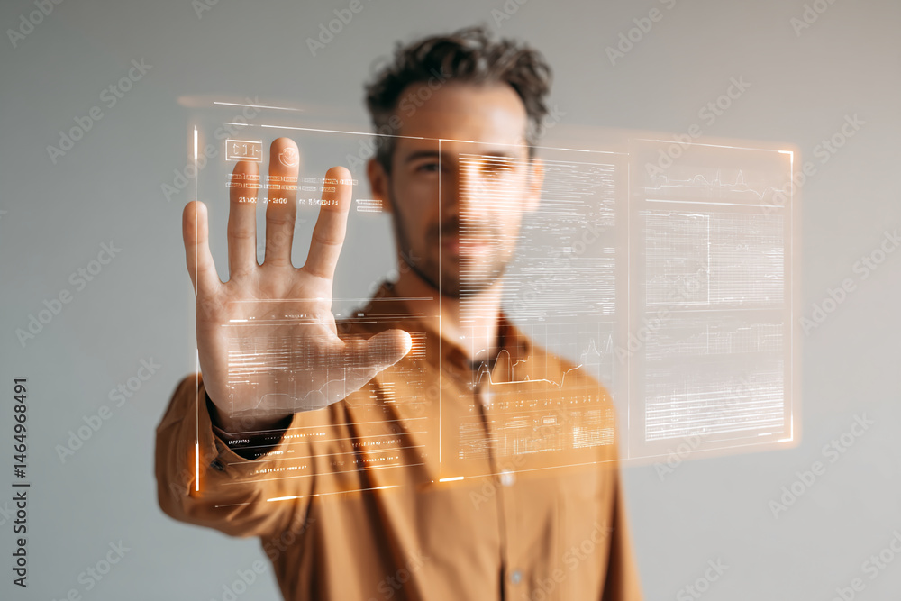 Poster man's hand interacts with transparent digital interface displaying data graphs and charts, showcasin