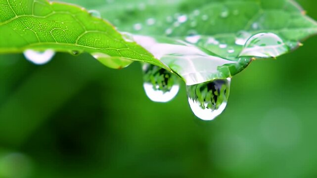 Delicate water droplets clinging to a vibrant green leaf