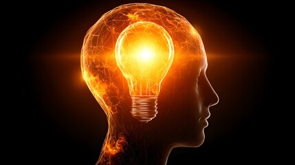 silhouette with a glowing light bulb at the center, concept of bright ideas