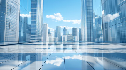 Modern office building interior with reflections in glass  