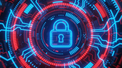 Cyber security concept featuring digital padlock and technological interface design