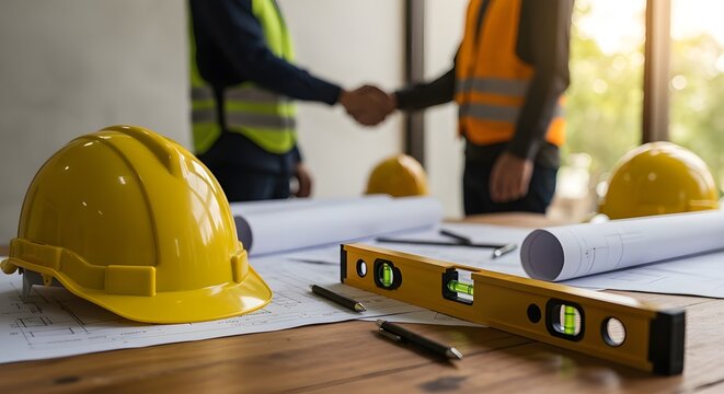 Casco de seguridad amarillo en el escritorio del lugar de trabajo con un equipo de trabajadores de la construcci&oacute;n d&aacute;ndose la mano para saludar el plan de inicio del nuevo contrato del proyecto en el 