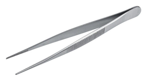 A pair of metallic tweezers with a fine, pointed tip and textured grip.