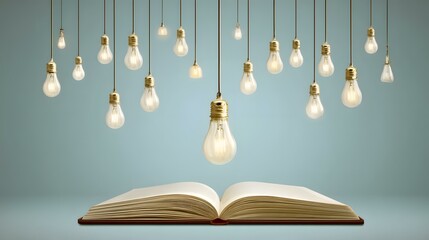 bulbs of varying sizes floating above an open book, emitting soft warm light