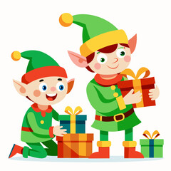 Elves Wrapping Gifts – Vector on White Background