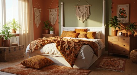 Bedroom interior design with bed textiles plants and warm tones