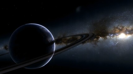 planet silhouetted against a bright galactic core