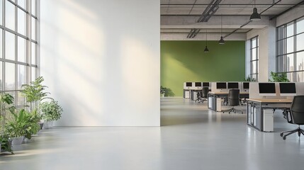 Minimalist office interior with blank wall for poster mockup and bright open workspace with modern furniture and large windows for natural light. 3D Rendering,
