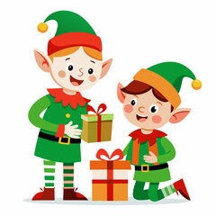 Elves Wrapping Gifts – Vector on White Background